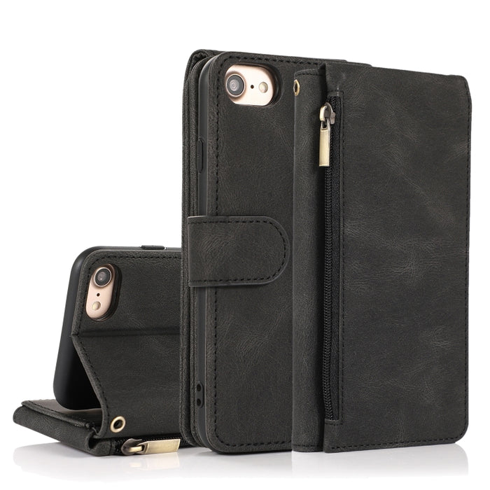 Funda de cuero con cremallera con textura de caballo loco con textura de piel, funda de cuero con tapa horizontal con soporte y ranuras para tarjetas, billetera y cordón, For iPhone 6, For iPhone 6 Plus, For iPhone SE 2022 / SE 2020 / 8 / 7            ...