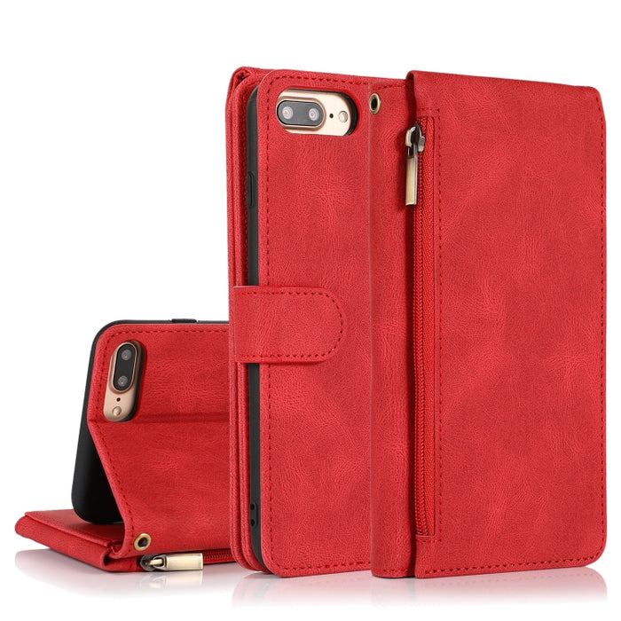 Funda de cuero con cremallera con textura de caballo loco con textura de piel, funda de cuero con tapa horizontal con soporte y ranuras para tarjetas, billetera y cordón, For iPhone 6, For iPhone 6 Plus, For iPhone SE 2022 / SE 2020 / 8 / 7            ...