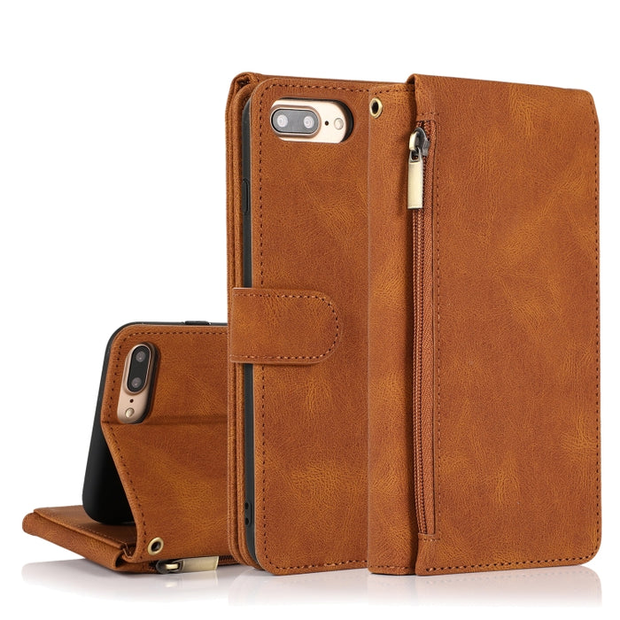 Funda de cuero con cremallera con textura de caballo loco con textura de piel, funda de cuero con tapa horizontal con soporte y ranuras para tarjetas, billetera y cordón, For iPhone 6, For iPhone 6 Plus, For iPhone SE 2022 / SE 2020 / 8 / 7            ...