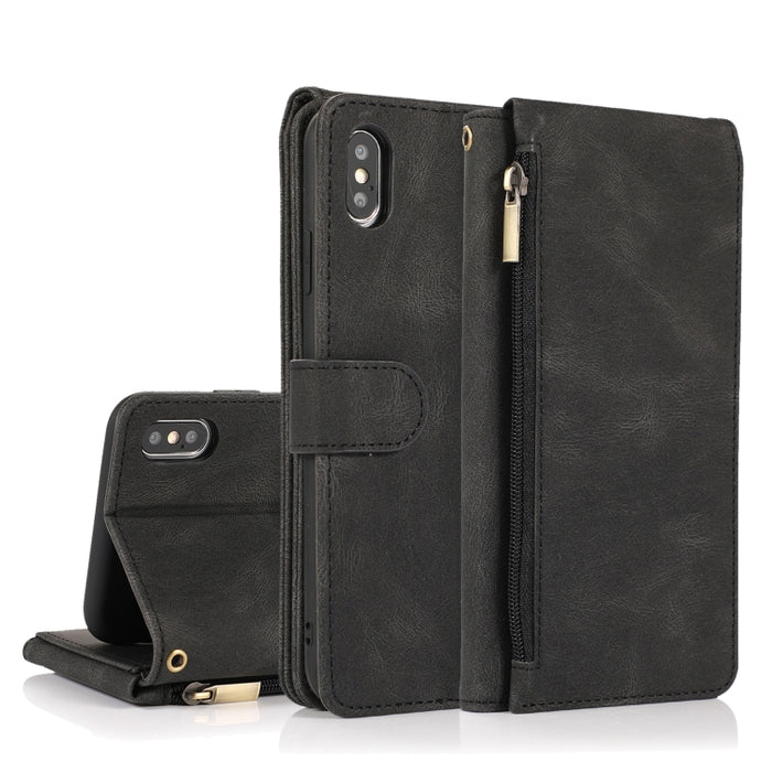 Funda de cuero con cremallera con textura de caballo loco con textura de piel, funda de cuero con tapa horizontal con soporte y ranuras para tarjetas, billetera y cordón, For iPhone 6, For iPhone 6 Plus, For iPhone SE 2022 / SE 2020 / 8 / 7            ...