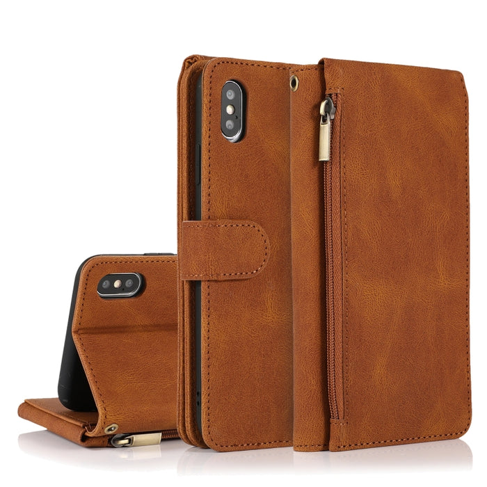 Funda de cuero con cremallera con textura de caballo loco con textura de piel, funda de cuero con tapa horizontal con soporte y ranuras para tarjetas, billetera y cordón, For iPhone 6, For iPhone 6 Plus, For iPhone SE 2022 / SE 2020 / 8 / 7            ...