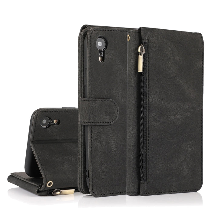Funda de cuero con cremallera con textura de caballo loco con textura de piel, funda de cuero con tapa horizontal con soporte y ranuras para tarjetas, billetera y cordón, For iPhone 6, For iPhone 6 Plus, For iPhone SE 2022 / SE 2020 / 8 / 7            ...