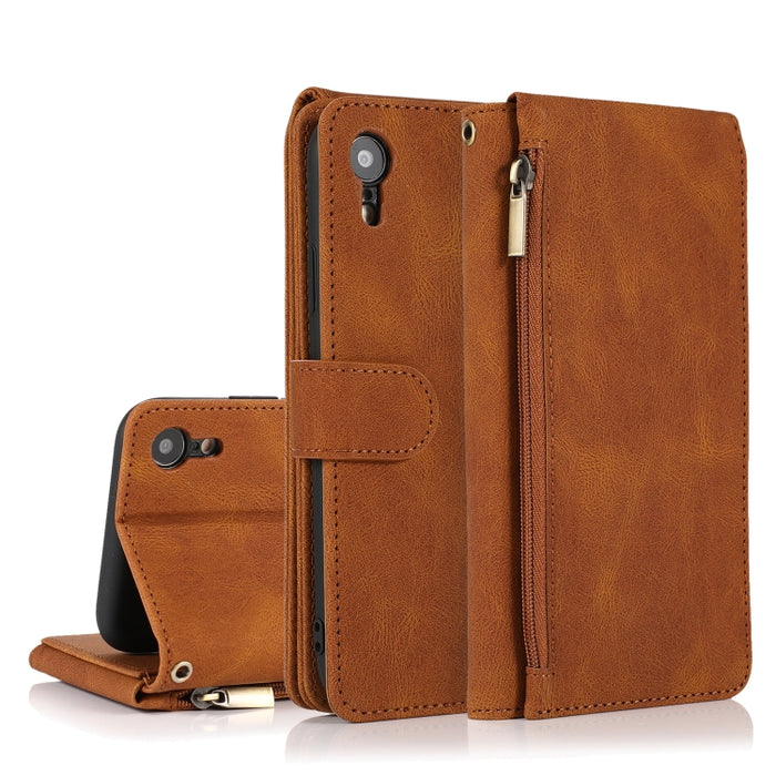 Funda de cuero con cremallera con textura de caballo loco con textura de piel, funda de cuero con tapa horizontal con soporte y ranuras para tarjetas, billetera y cordón, For iPhone 6, For iPhone 6 Plus, For iPhone SE 2022 / SE 2020 / 8 / 7            ...