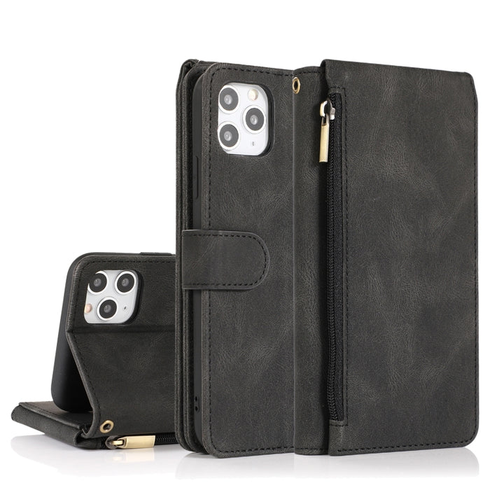 Funda de cuero con cremallera con textura de caballo loco con textura de piel, funda de cuero con tapa horizontal con soporte y ranuras para tarjetas, billetera y cordón, For iPhone 6, For iPhone 6 Plus, For iPhone SE 2022 / SE 2020 / 8 / 7            ...