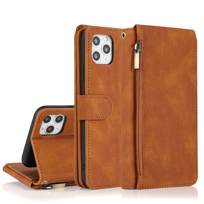 Funda de cuero con cremallera con textura de caballo loco con textura de piel, funda de cuero con tapa horizontal con soporte y ranuras para tarjetas, billetera y cordón, For iPhone 6, For iPhone 6 Plus, For iPhone SE 2022 / SE 2020 / 8 / 7            ...