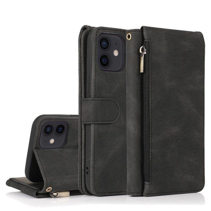 Funda de cuero con cremallera con textura de caballo loco con textura de piel, funda de cuero con tapa horizontal con soporte y ranuras para tarjetas, billetera y cordón, For iPhone 6, For iPhone 6 Plus, For iPhone SE 2022 / SE 2020 / 8 / 7            ...