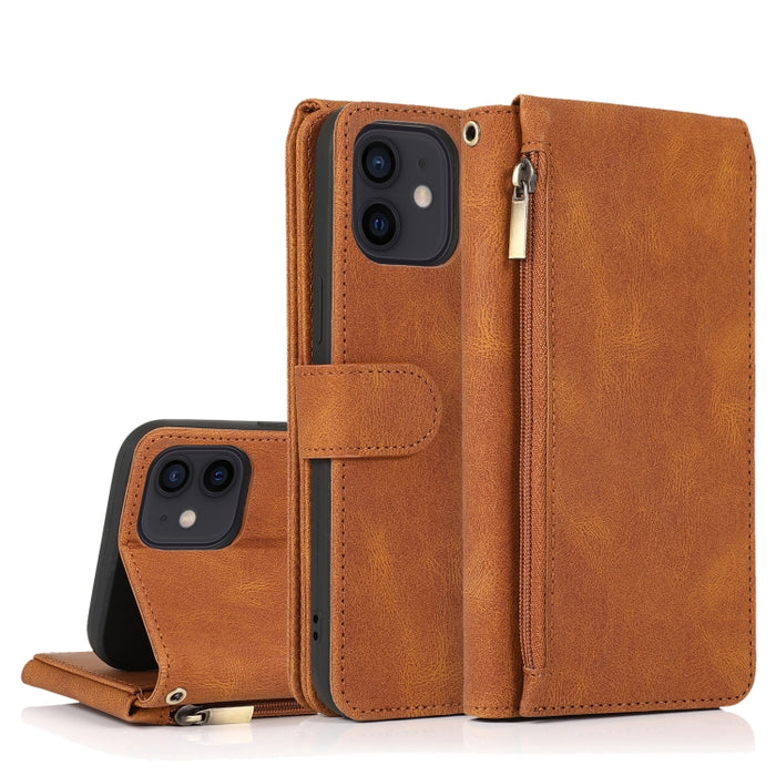 Funda de cuero con cremallera con textura de caballo loco con textura de piel, funda de cuero con tapa horizontal con soporte y ranuras para tarjetas, billetera y cordón, For iPhone 6, For iPhone 6 Plus, For iPhone SE 2022 / SE 2020 / 8 / 7            ...