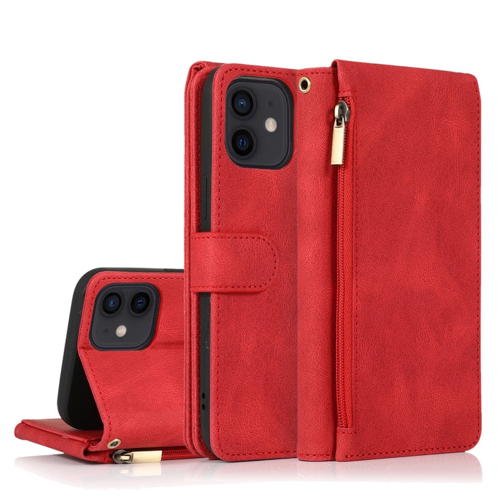 Funda de cuero con cremallera con textura de caballo loco con textura de piel, funda de cuero con tapa horizontal con soporte y ranuras para tarjetas, billetera y cordón, For iPhone 6, For iPhone 6 Plus, For iPhone SE 2022 / SE 2020 / 8 / 7            ...
