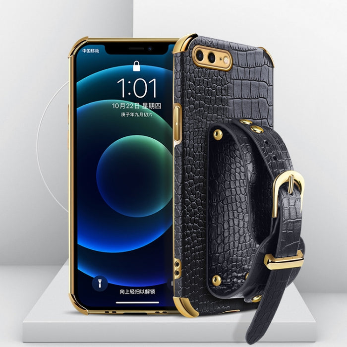 Estuche de cuero con patrón de cocodrilo de TPU electrochapado con correa para la muñeca
