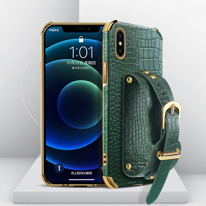 Estuche de cuero con patrón de cocodrilo de TPU electrochapado con correa para la muñeca