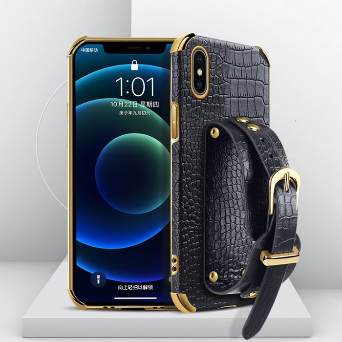 Estuche de cuero con patrón de cocodrilo de TPU electrochapado con correa para la muñeca