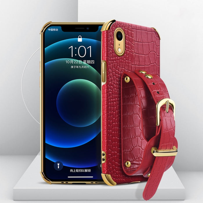 Estuche de cuero con patrón de cocodrilo de TPU electrochapado con correa para la muñeca