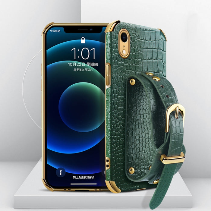 Estuche de cuero con patrón de cocodrilo de TPU electrochapado con correa para la muñeca