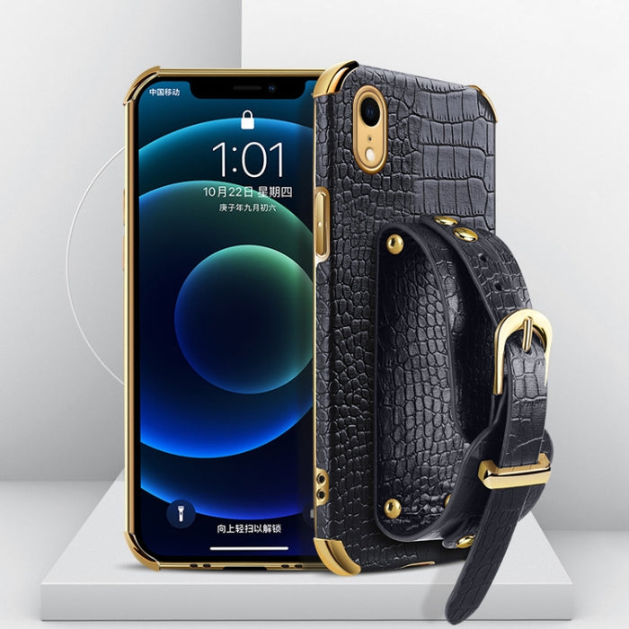 Estuche de cuero con patrón de cocodrilo de TPU electrochapado con correa para la muñeca
