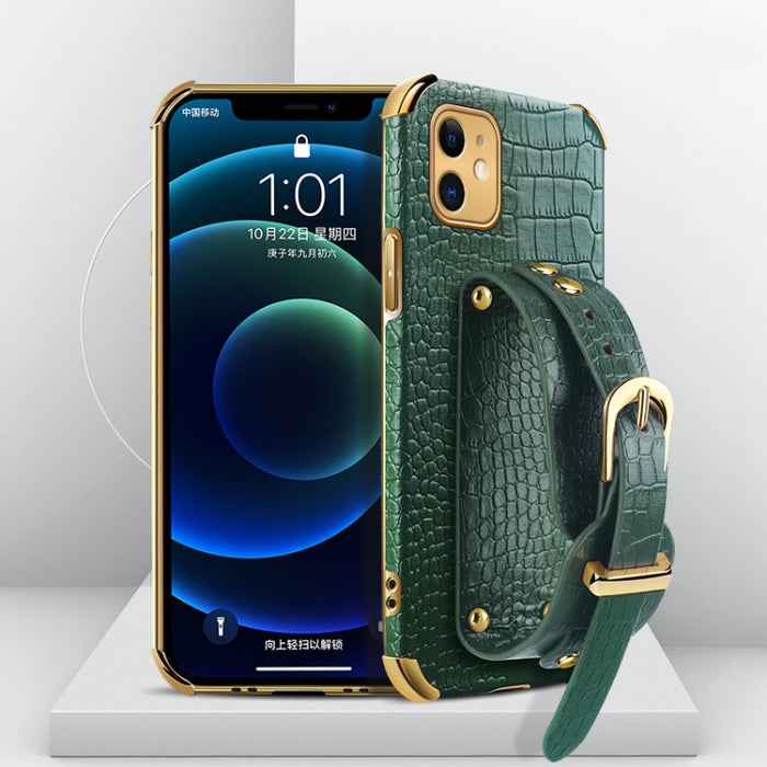 Estuche de cuero con patrón de cocodrilo de TPU electrochapado con correa para la muñeca