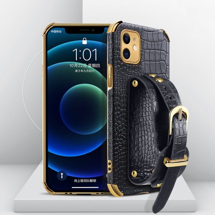 Estuche de cuero con patrón de cocodrilo de TPU electrochapado con correa para la muñeca