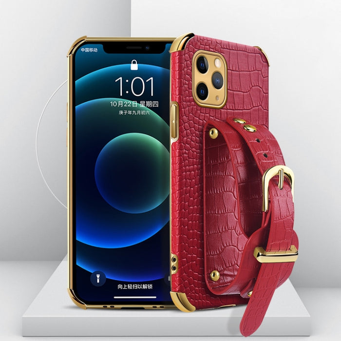Estuche de cuero con patrón de cocodrilo de TPU electrochapado con correa para la muñeca
