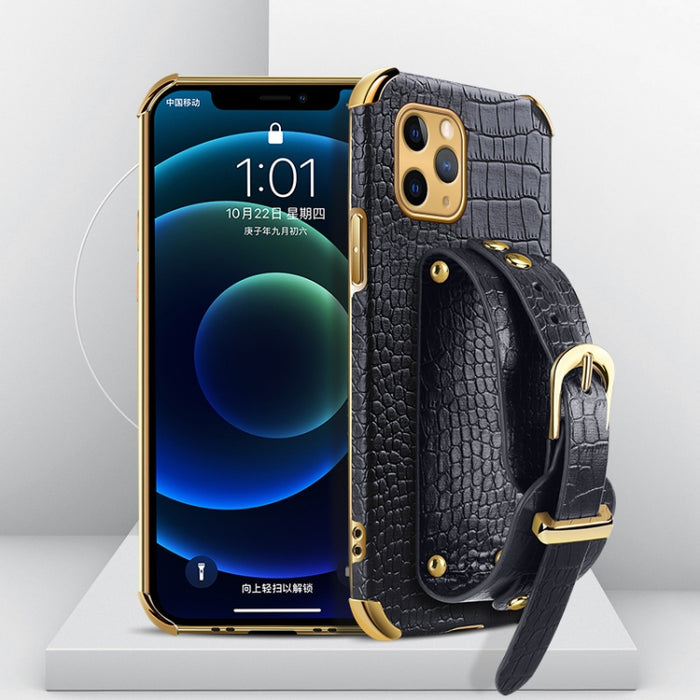 Estuche de cuero con patrón de cocodrilo de TPU electrochapado con correa para la muñeca