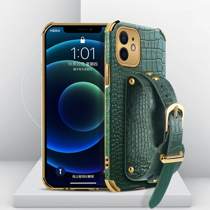 Estuche de cuero con patrón de cocodrilo de TPU electrochapado con correa para la muñeca