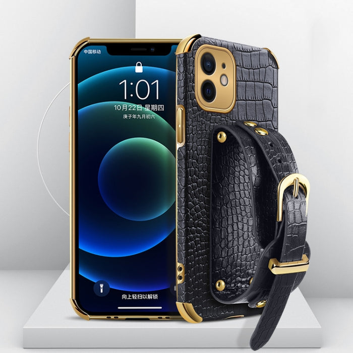 Estuche de cuero con patrón de cocodrilo de TPU electrochapado con correa para la muñeca