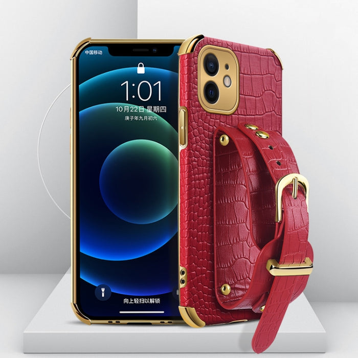 Estuche de cuero con patrón de cocodrilo de TPU electrochapado con correa para la muñeca