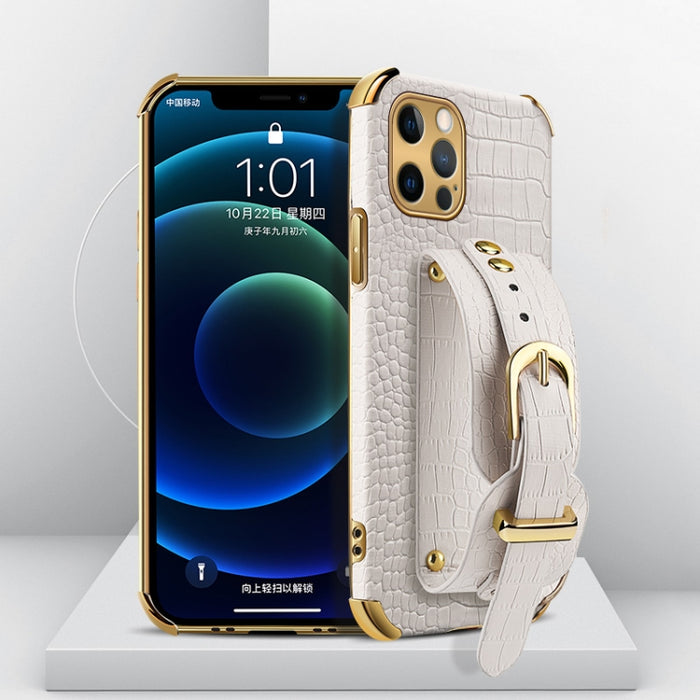 Estuche de cuero con patrón de cocodrilo de TPU electrochapado con correa para la muñeca