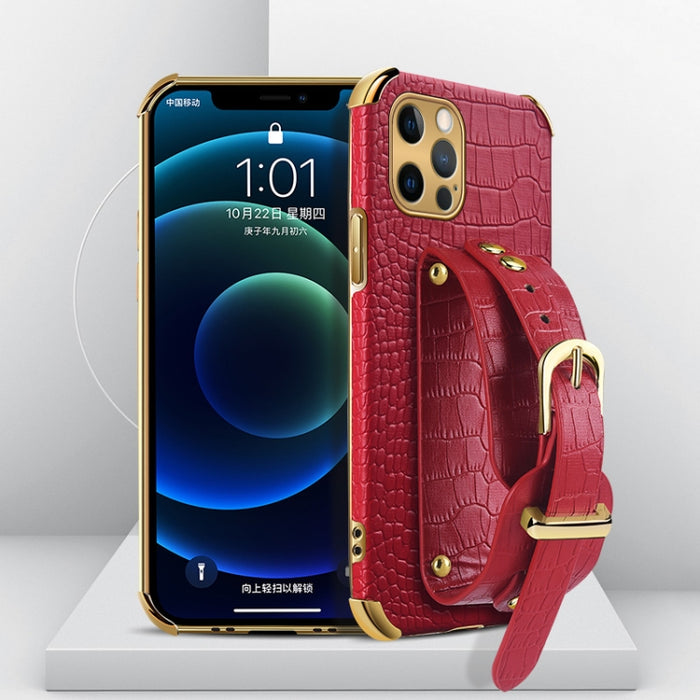Estuche de cuero con patrón de cocodrilo de TPU electrochapado con correa para la muñeca