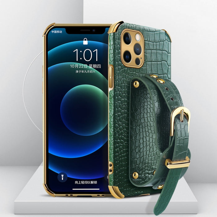 Estuche de cuero con patrón de cocodrilo de TPU electrochapado con correa para la muñeca