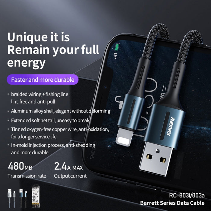 Cable de datos de carga de la serie Remax 2.4A Barrett, longitud: 1 m