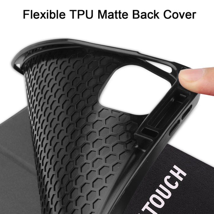 Estuche de cuero de TPU + PU con tapa horizontal de dibujo a color con soporte de tres pliegues y función de reposo / activación y ranura para bolígrafo
