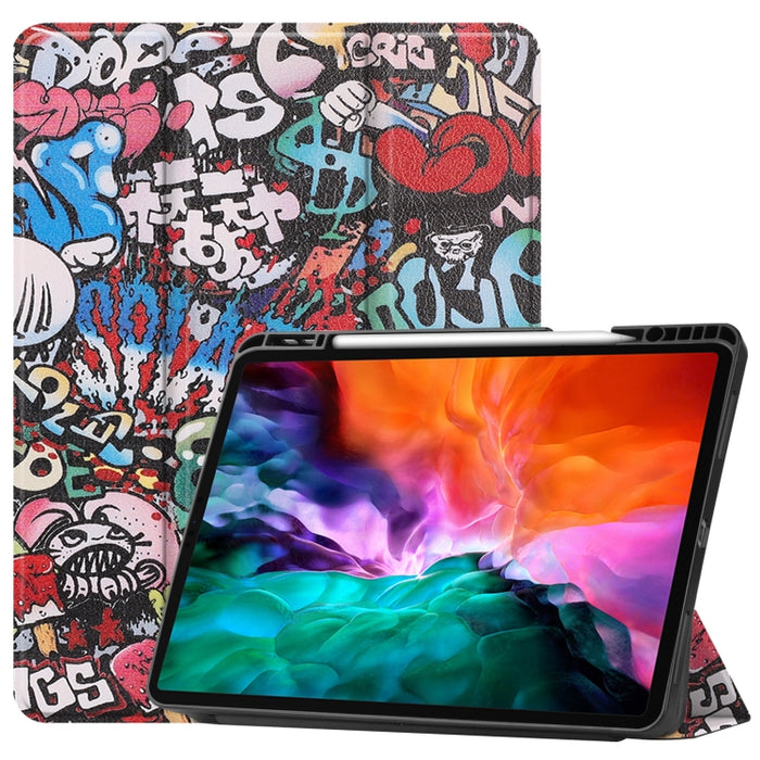 Estuche de cuero de TPU + PU con tapa horizontal de dibujo a color con soporte de tres pliegues y función de reposo / activación y ranura para bolígrafo