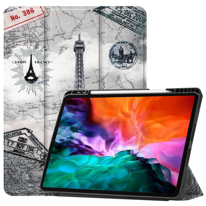 Estuche de cuero de TPU + PU con tapa horizontal de dibujo a color con soporte de tres pliegues y función de reposo / activación y ranura para bolígrafo