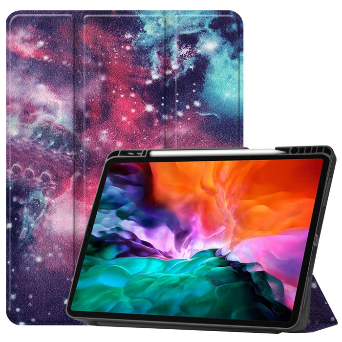 Estuche de cuero de TPU + PU con tapa horizontal de dibujo a color con soporte de tres pliegues y función de reposo / activación y ranura para bolígrafo