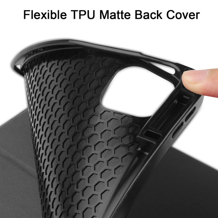 Estuche de cuero TPU + PU de nido de abeja con tapa horizontal con soporte de tres pliegues y función de reposo / activación y ranura para bolígrafo