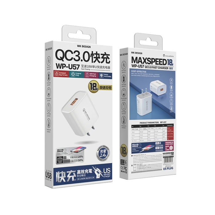 WK WP-U57 Max 18W Maxspeed QC3.0 Cargador rápido + USB a cable de datos de 8 pines