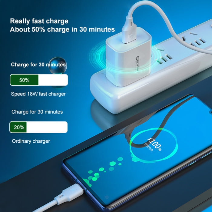 WK WP-U57 Max 18W Maxspeed QC3.0 Cargador rápido + USB a cable de datos de 8 pines