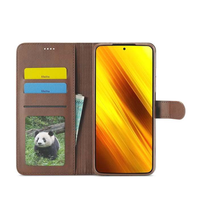 LC.IMEEKE Estuche de cuero con tapa horizontal con textura de becerro con soporte y ranuras para tarjetas y billetera, For Xiaomi Poco X3 NFC