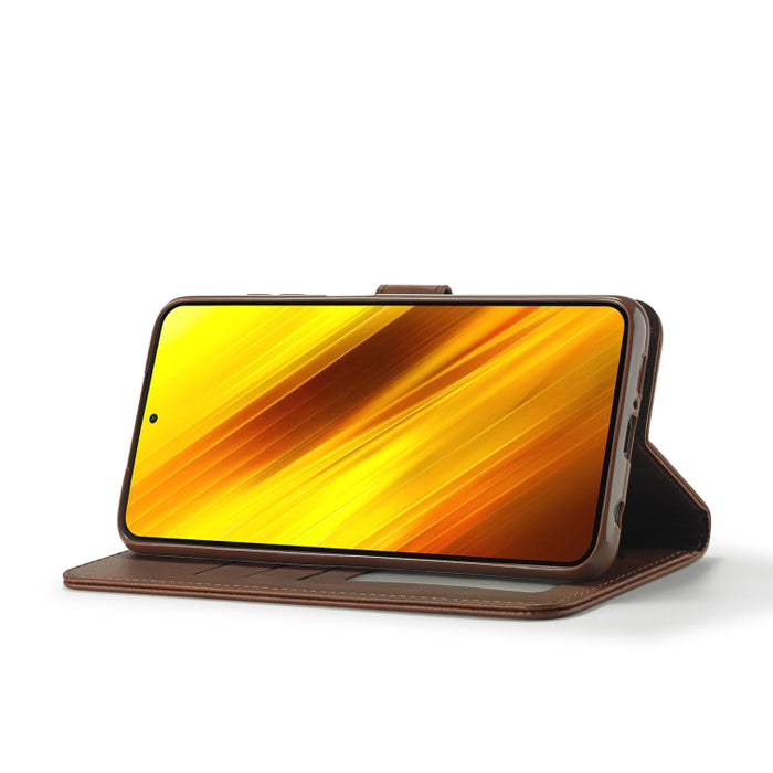 LC.IMEEKE Estuche de cuero con tapa horizontal con textura de becerro con soporte y ranuras para tarjetas y billetera, For Xiaomi Poco X3 NFC