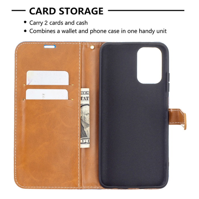 Estuche de cuero con tapa horizontal de textura de mezclilla a juego con soporte y ranuras para tarjetas y billetera y cordón, For Xiaomi Redmi Note 10 4G