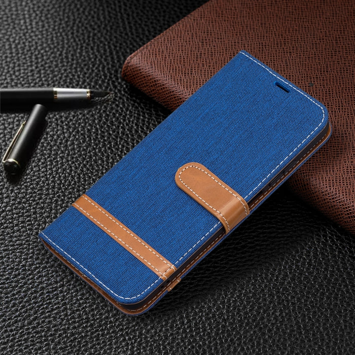 Estuche de cuero con tapa horizontal de textura de mezclilla a juego con soporte y ranuras para tarjetas y billetera y cordón, For Xiaomi Redmi Note 10 4G