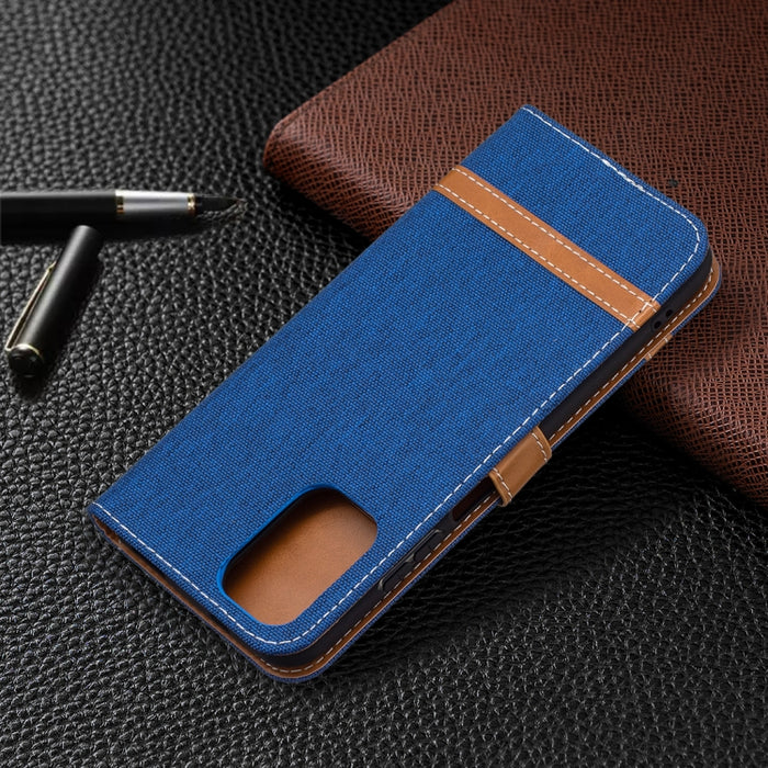 Estuche de cuero con tapa horizontal de textura de mezclilla a juego con soporte y ranuras para tarjetas y billetera y cordón, For Xiaomi Redmi Note 10 4G