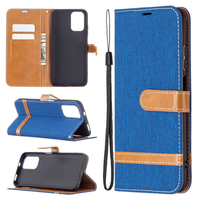 Estuche de cuero con tapa horizontal de textura de mezclilla a juego con soporte y ranuras para tarjetas y billetera y cordón, For Xiaomi Redmi Note 10 4G