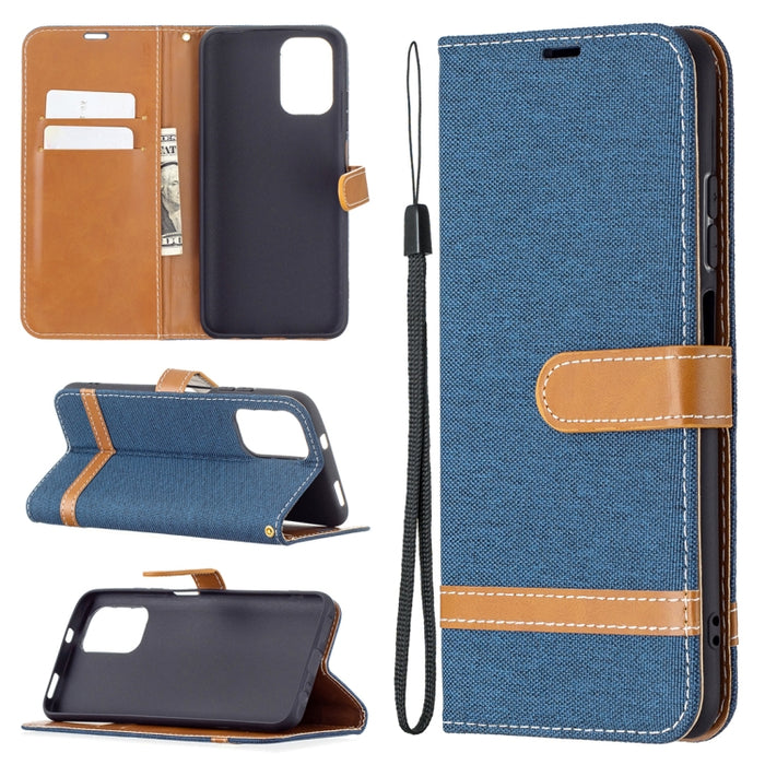 Estuche de cuero con tapa horizontal de textura de mezclilla a juego con soporte y ranuras para tarjetas y billetera y cordón, For Xiaomi Redmi Note 10 4G