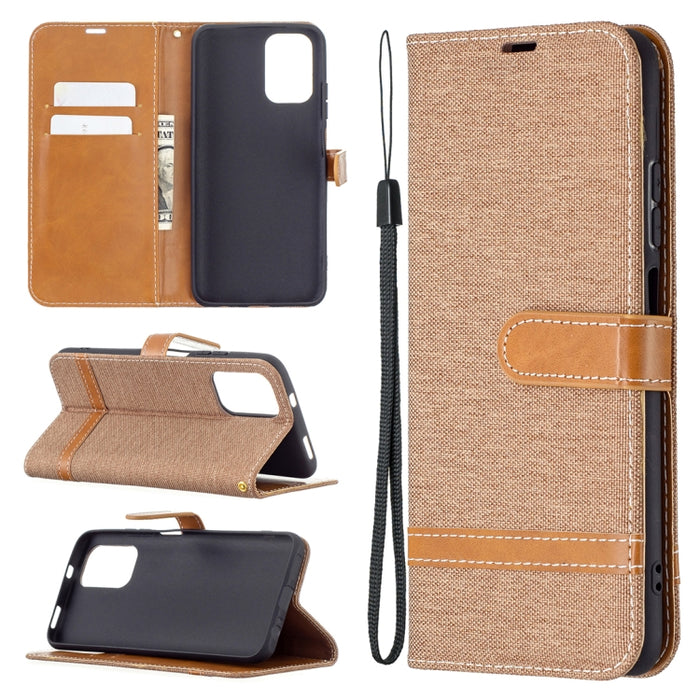 Estuche de cuero con tapa horizontal de textura de mezclilla a juego con soporte y ranuras para tarjetas y billetera y cordón, For Xiaomi Redmi Note 10 4G