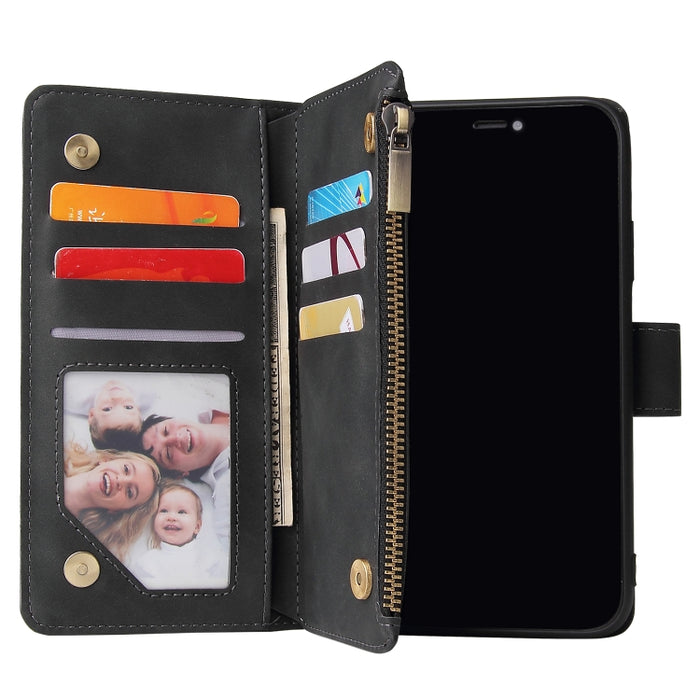 Funda de cuero con tapa horizontal esmerilada retro multifuncional con ranura para tarjeta y soporte y billetera con cremallera y marco de fotos y cordón, For iPhone XR