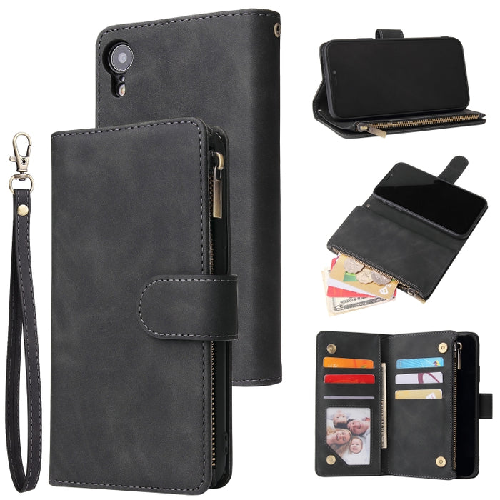 Funda de cuero con tapa horizontal esmerilada retro multifuncional con ranura para tarjeta y soporte y billetera con cremallera y marco de fotos y cordón, For iPhone XR