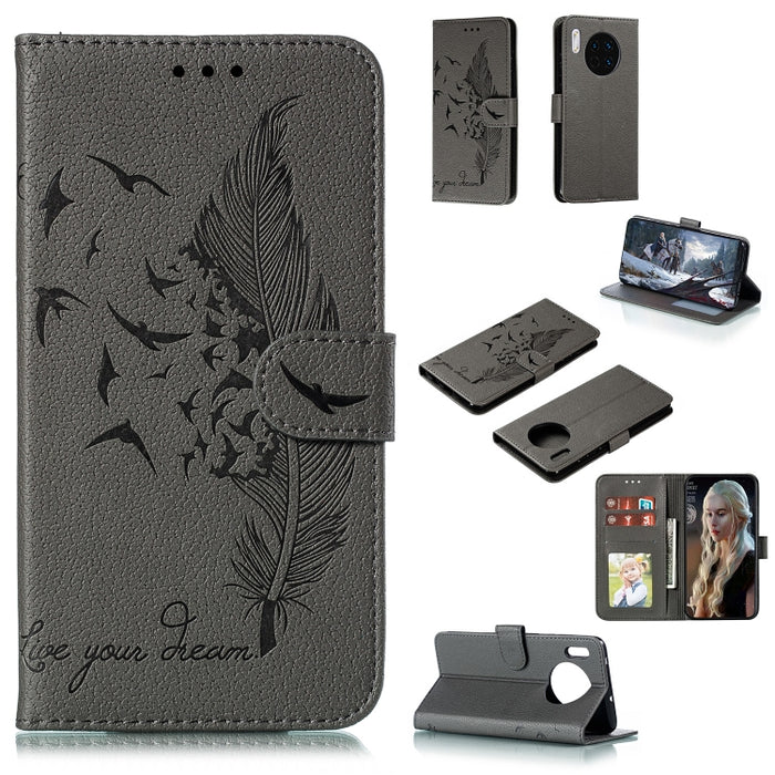 Estuche de cuero con tapa horizontal con textura de lichi y patrón de plumas con soporte, billetera y ranuras para tarjetas, For Huawei Mate 30, For Huawei Mate 30 Pro, For Huawei Mate 30 Lite / nova 5i Pro, For Xiaomi Redmi Note 8                     ...