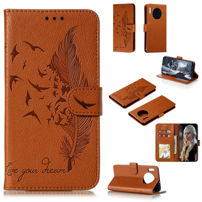Estuche de cuero con tapa horizontal con textura de lichi y patrón de plumas con soporte, billetera y ranuras para tarjetas, For Huawei Mate 30, For Huawei Mate 30 Pro, For Huawei Mate 30 Lite / nova 5i Pro, For Xiaomi Redmi Note 8                     ...