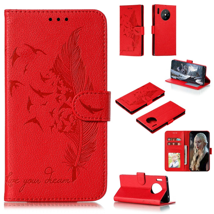 Estuche de cuero con tapa horizontal con textura de lichi y patrón de plumas con soporte, billetera y ranuras para tarjetas, For Huawei Mate 30, For Huawei Mate 30 Pro, For Huawei Mate 30 Lite / nova 5i Pro, For Xiaomi Redmi Note 8                     ...