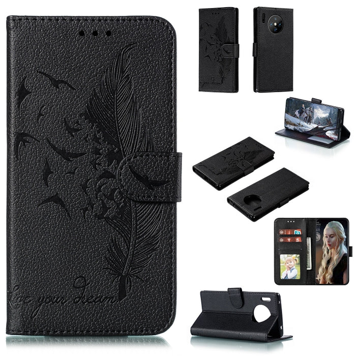 Estuche de cuero con tapa horizontal con textura de lichi y patrón de plumas con soporte, billetera y ranuras para tarjetas, For Huawei Mate 30, For Huawei Mate 30 Pro, For Huawei Mate 30 Lite / nova 5i Pro, For Xiaomi Redmi Note 8                     ...
